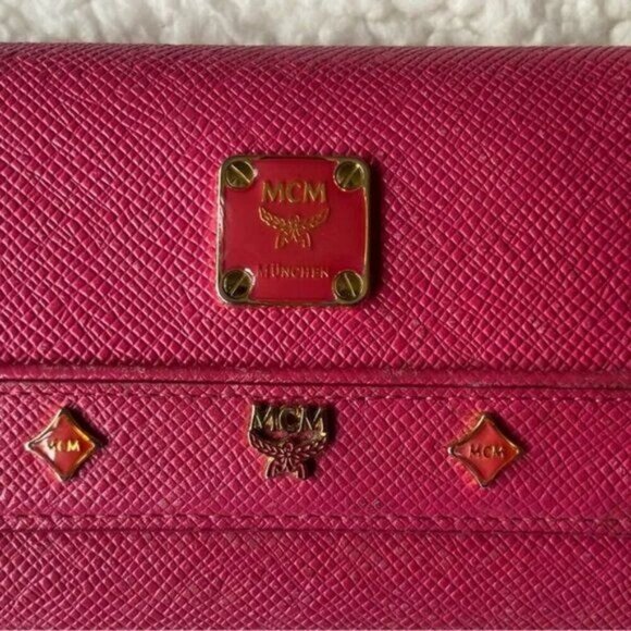 MCM Visetos Leather Studded Logo Motifs Medium Trifold Wallet Fuchsia Magenta - Picture 14 of 15